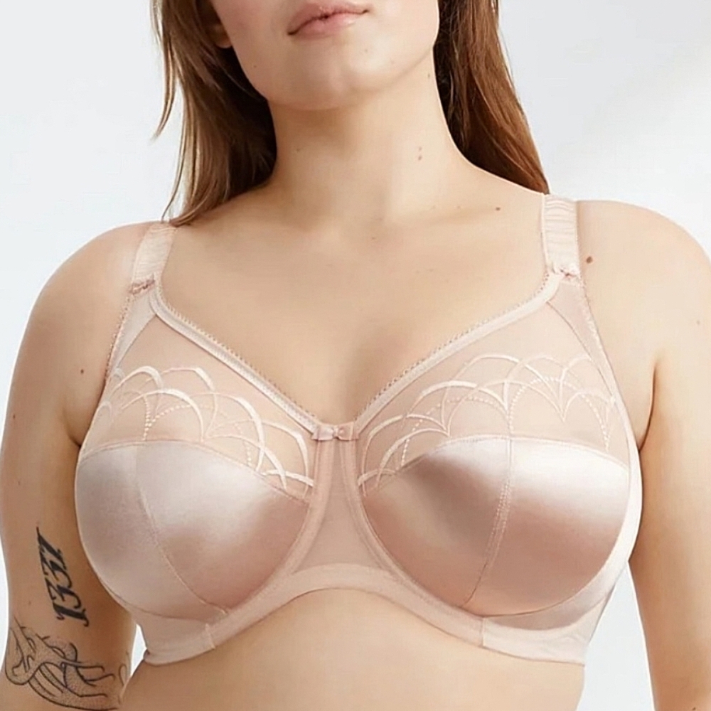 ELOMI Cate Full Cup Banded Side Support Bra US 38O Satin Embroidered Latte